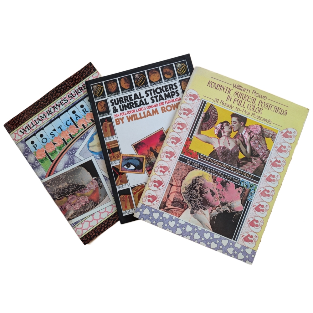 Vintage 80s William Rowe Surreal Art Books‎ 2 Postcard books & 1 Stamp Book